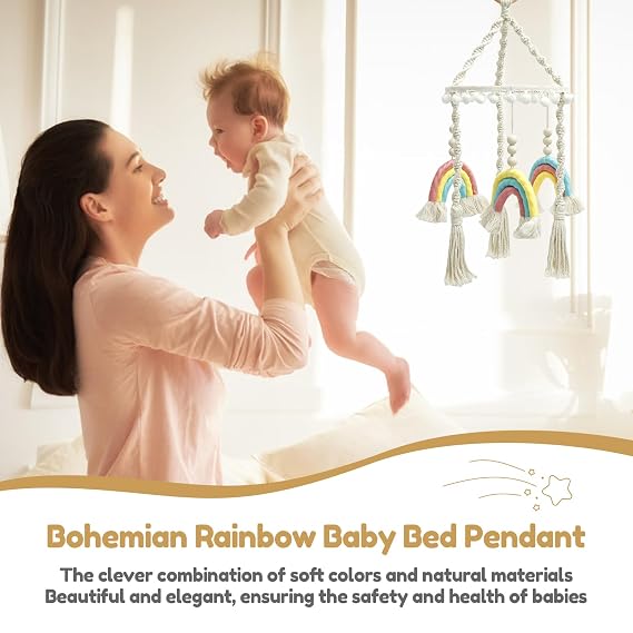 Baby Crib Mobile, Nursery Mobile with Wood Frame, Unique and Charming Baby Nursery Hanging Decor for Home Playroom Bedroom (Yellow)