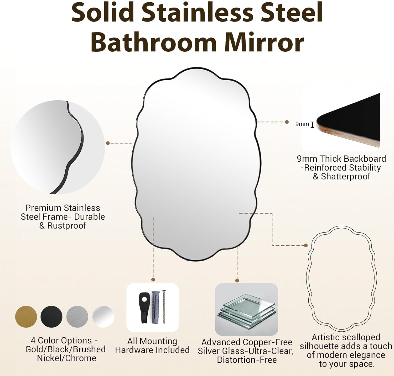 ANDY STAR Matte Black Scalloped Wall Mirror -22x30 Inch Wavy Oval Bathroom Mirror for Vanity, Living Room & Entryway, Anti Rust Stainless Steel Wall Mount Horizontal or Vertical