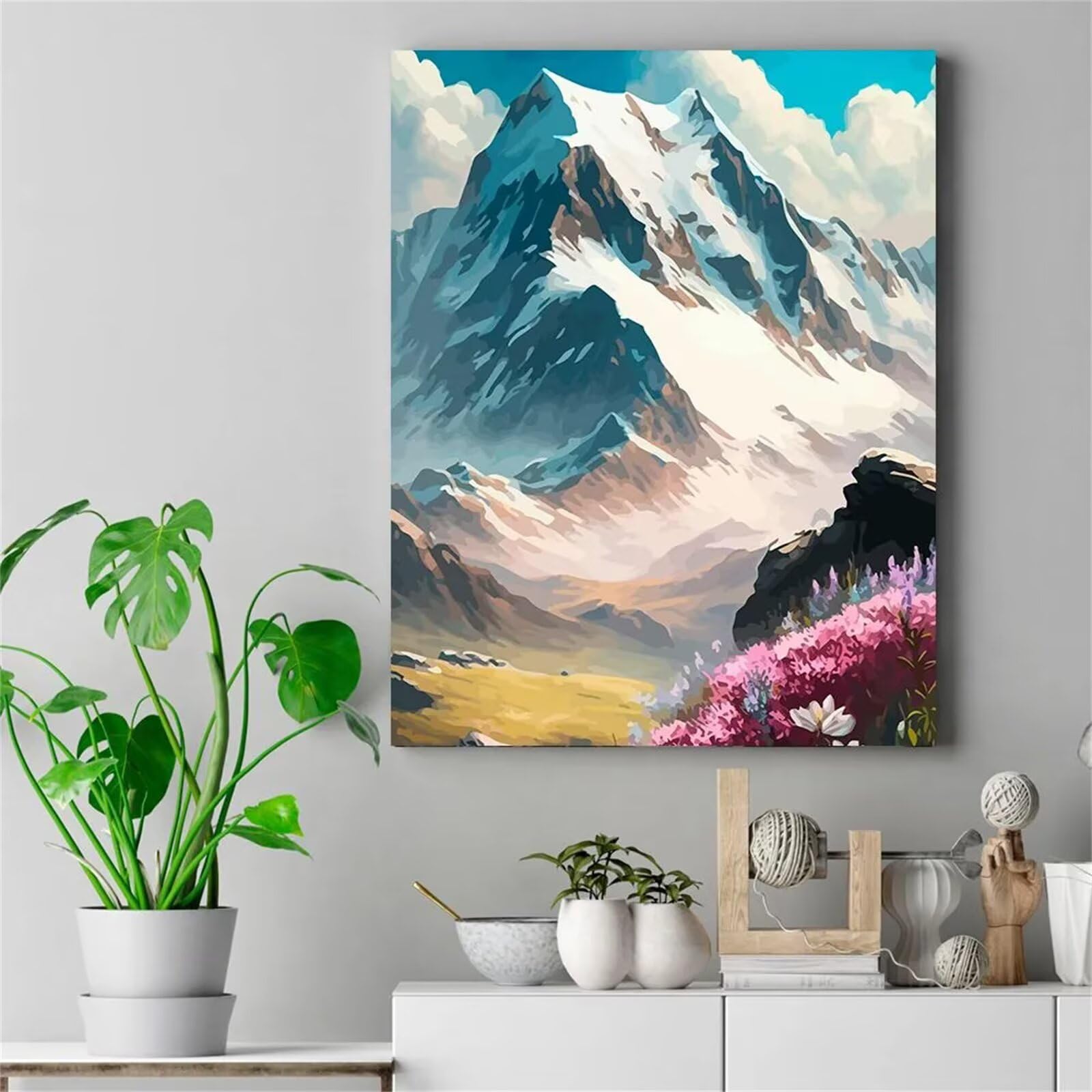 Malen nach Zahlen Erwachsene,Verschneiter Berg Malen Nach Zahlen Set für Kinder Anfänger DIY Digital Ölgemälde Kits auf Leinwand mit Pinseln und Acrylpigment ohne Rahmen für Home Wall Decor 60x75cm
