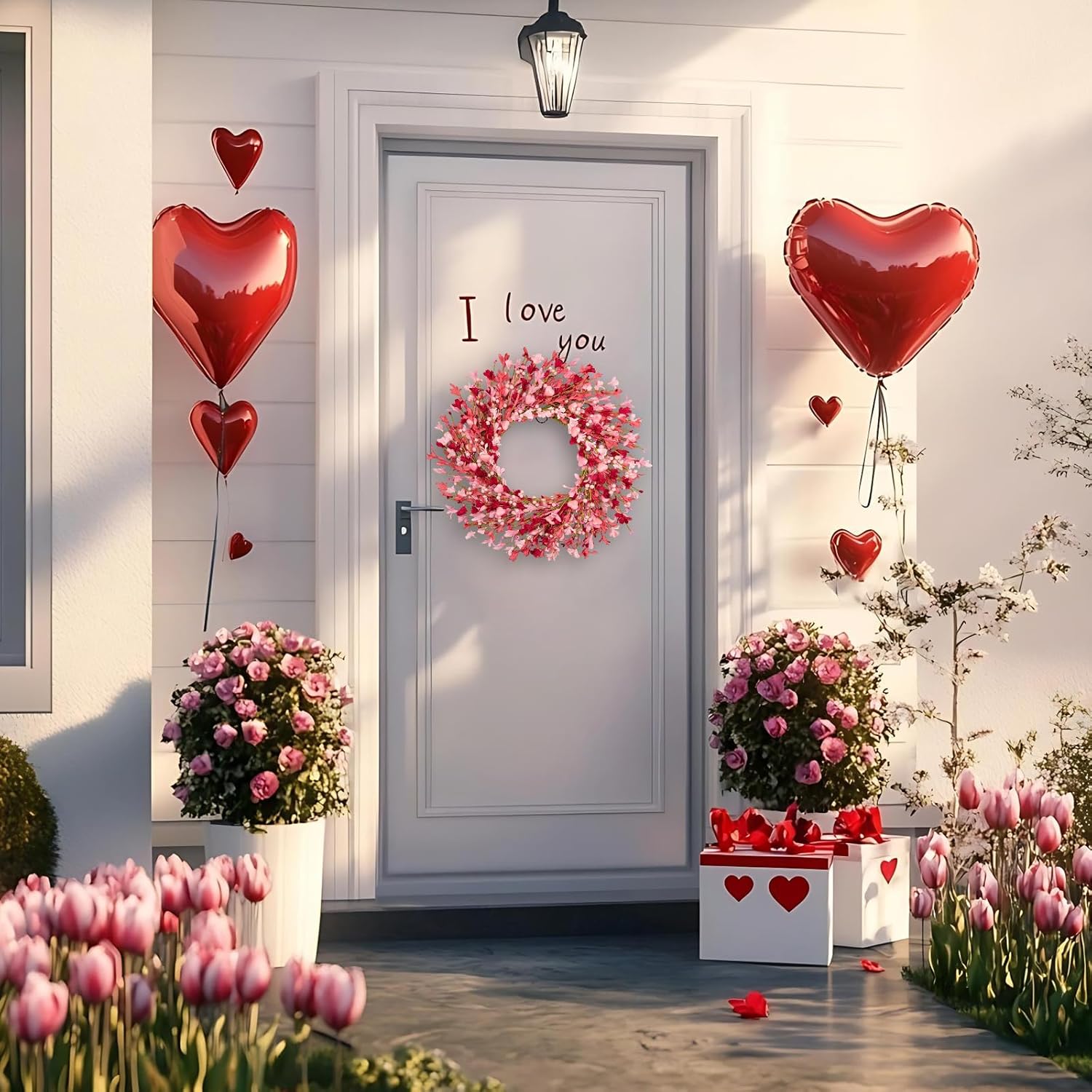 24 Inch Floral Wreath for Valentine‘s Day - Pink Red Ombre Wreath with Heart Shaped Berry ，Forsythina Flowers for Indoor Outdoor Decor for Door, Window,Wall Décor