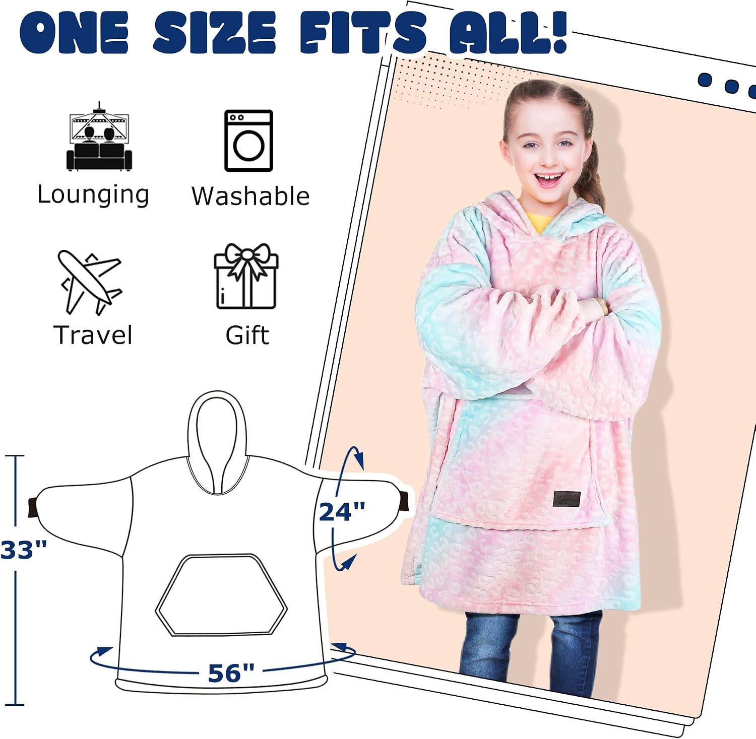Catalonia Kids Cat Hoodie Blanket, Oversized Fleece Wearable Sweatshirt | Rainbow Pattern, Hooded Pullover for Boys & Girls, Cozy for Gaming, Reading, TV Time & Relaxing, Christmas Gift for Teens