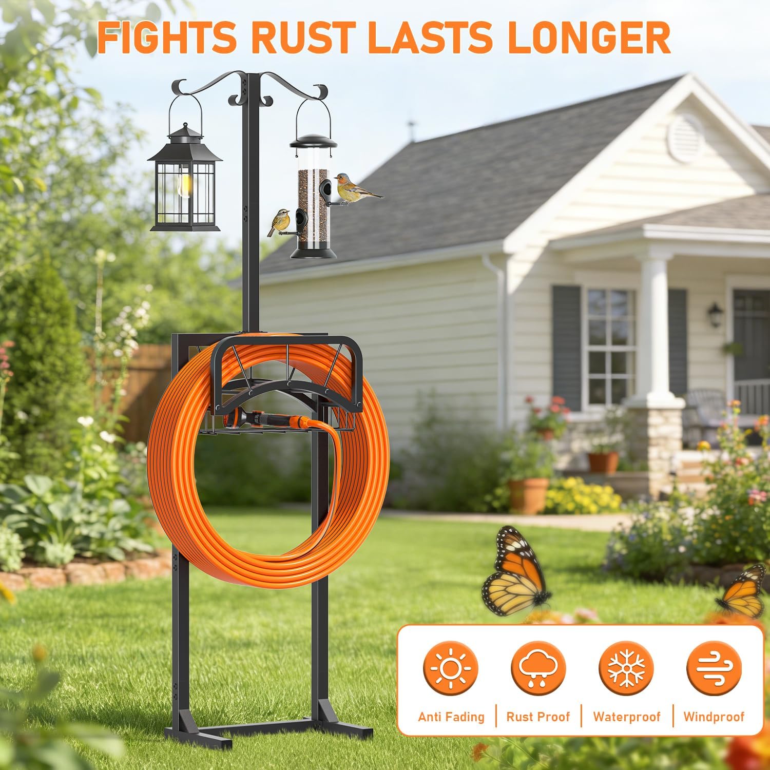 Garden Hose Holder for Outside, Upgraded Heavy Duty Freestanding Water Hose Holder Stand with 5 Spikes, Storage Basket & 2 Shepherd Hooks, Supports Up to 160 FT Hose for Yard Lawn