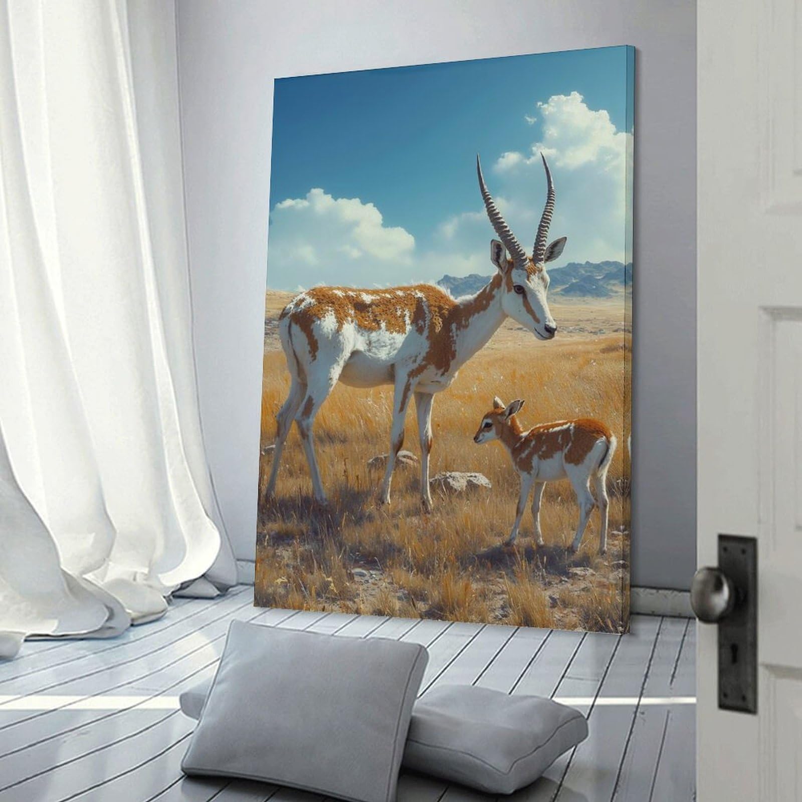 Junmoney Frame-Style-17 Hanging Wall Art Mother And Baby Addax Antelope, 24X36inch(60X90cm), For Entryway, Lounge Links Or Small Walls, A Neat Decor Update For Hallways