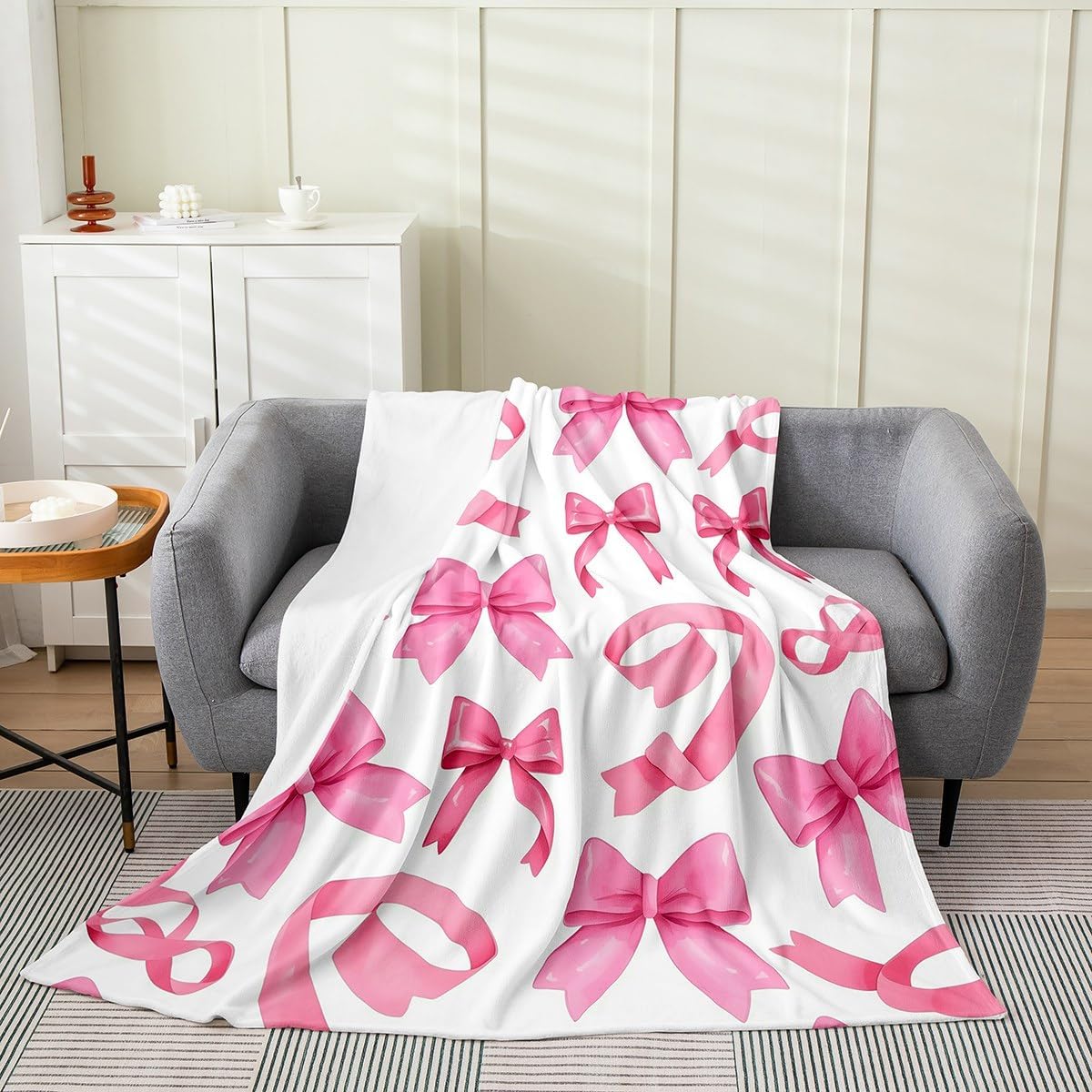 Feelyou Bow All Season,Bed Blanket for Sofa Couch Kids Woman Throw 50"x60" Pink Bow Ribbon Plush Throw Blanket, Ultra Soft Bow Pattern Flannel Fleece Blanket Pink Bowknot Room Decor Bow Decor