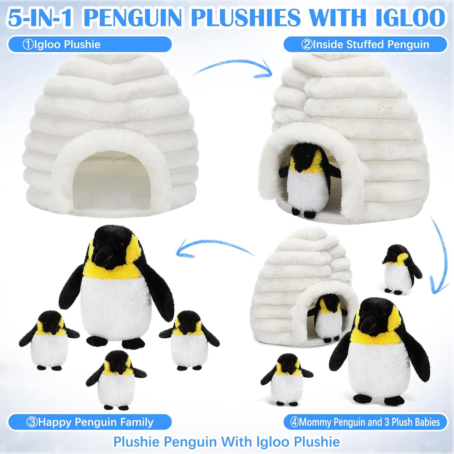 5 Pcs Penguin Stuffed Animal and Igloo Gift Set 10 Inch Mommy Penguin and 3 Cute Plush Babies with 10.6 Inch Igloo Wrapping Soft Cute Animal Plushie for Birthday Party Decor Social Gifts