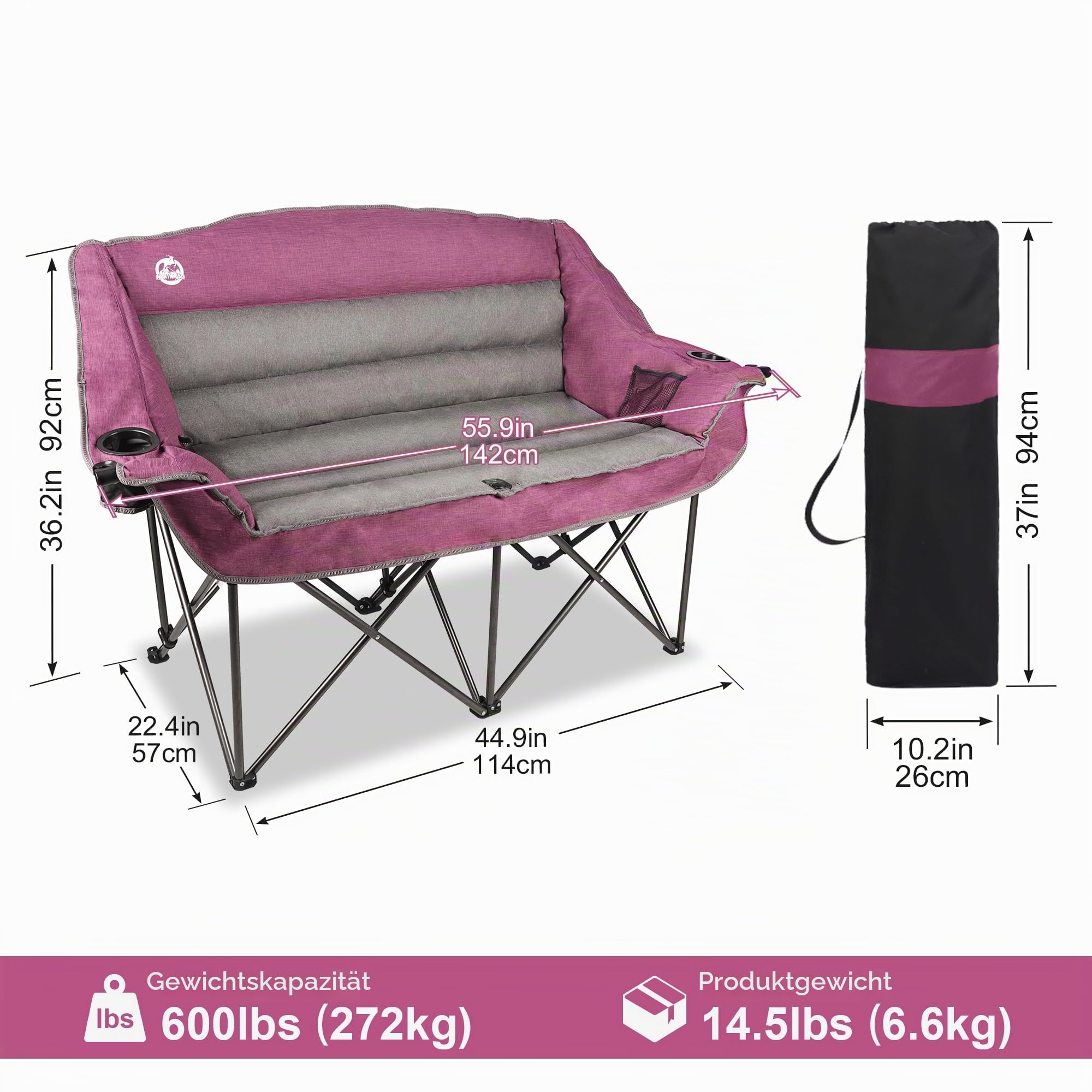 Northroad Folding Loveseat Camping Stuhl Portable Double Duo voll gepolstert Garten Stuhl für 2 Personen Sofa w/Becherhalter, Weinglas Halter, Mesh Storage, Support 600lbs für Picknick Strand Reisen