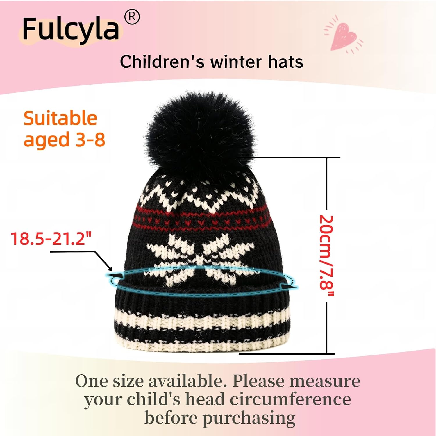 Kids Winter Jacquard Knit Beanie with Faux Fur Pom Warm Fleece Lining