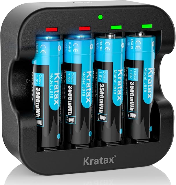 AA Rechargeable Batteries with Charger,Kratax 3500mWh High-Capacity Long-Lasting 1.5V Lithium AA Battery,2H Ultra Fast Charge,1600Cycles,Constant Output,[4AA+1Charger]