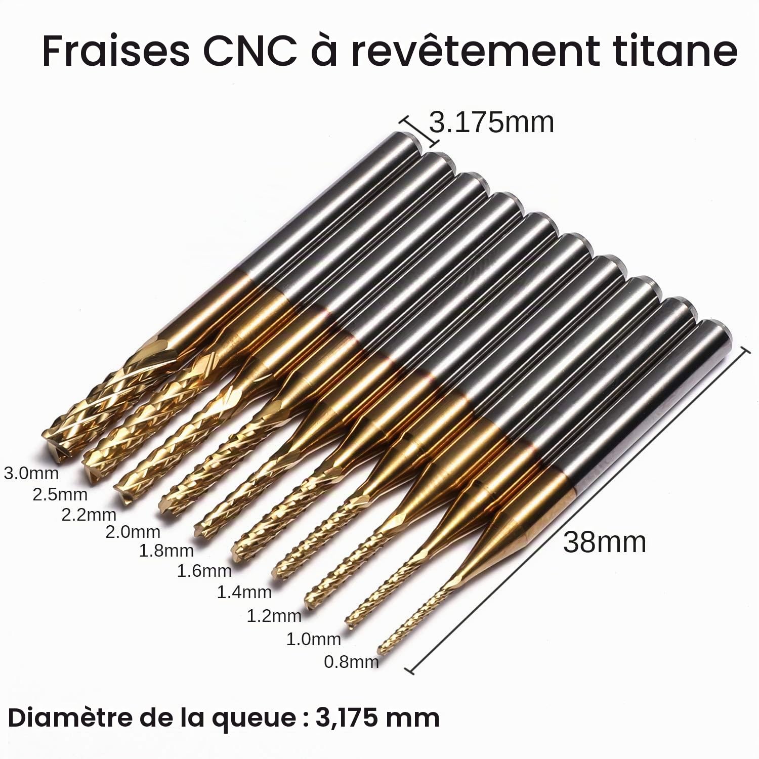 Genmitsu - Lot de 40 fraises à bout CNC - Tige de 1/8" - Avec 2 cannelures à nez plat et à nez boule, Nano Blue Coat et Titanium Coat CNC - MC40A