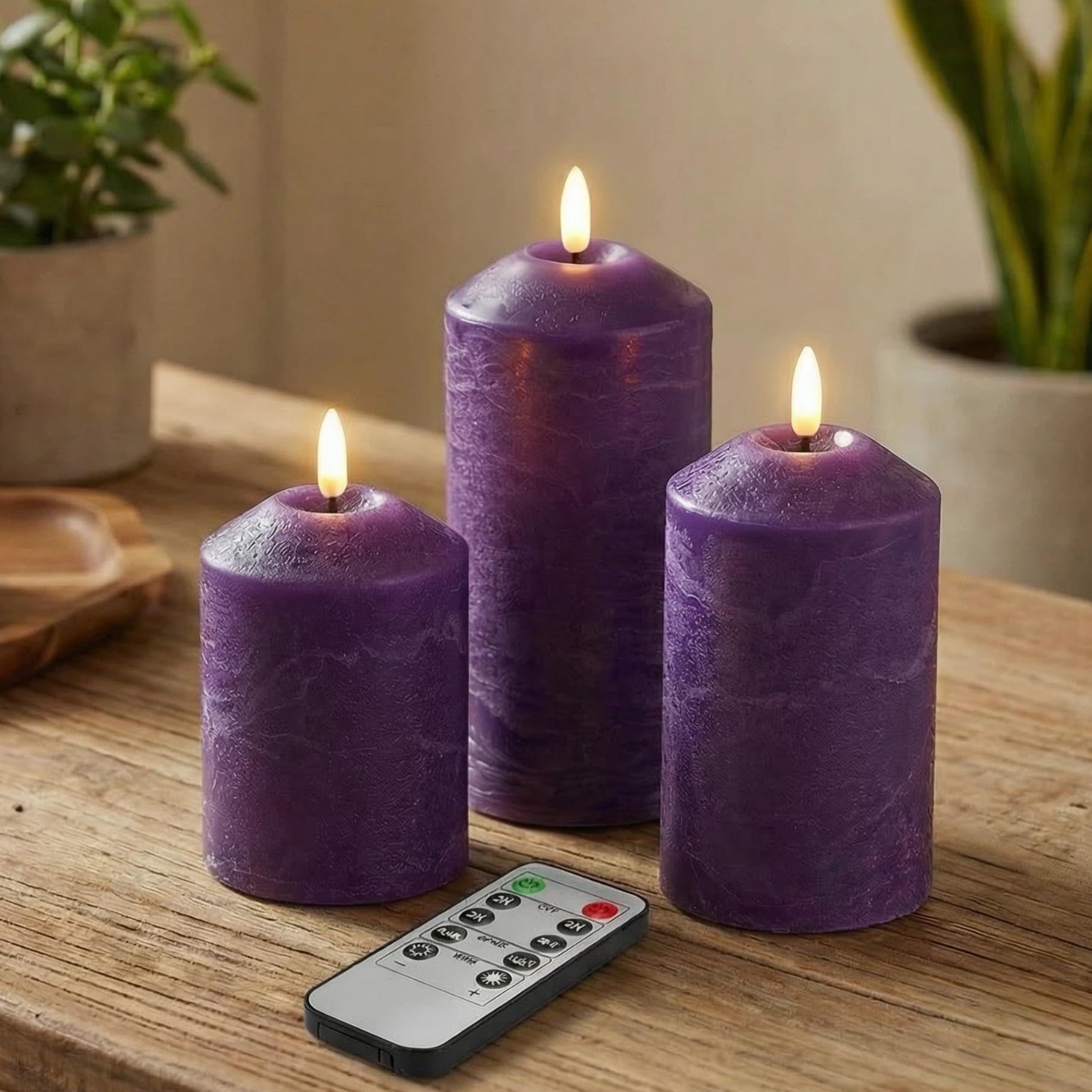 Eywamage Purple Flameless Pillar Candles with Remote, Flickering Battery Operated LED Wax Candles Set of 3