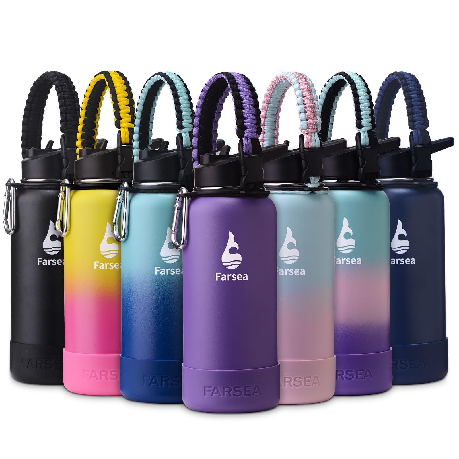 Farsea Insulated Water Bottle With Paracord Handle, Protective Boot and 2 Lids (Straw Lid & Spout Lid), Stainless Steel Water Bottle Wide Mouth,