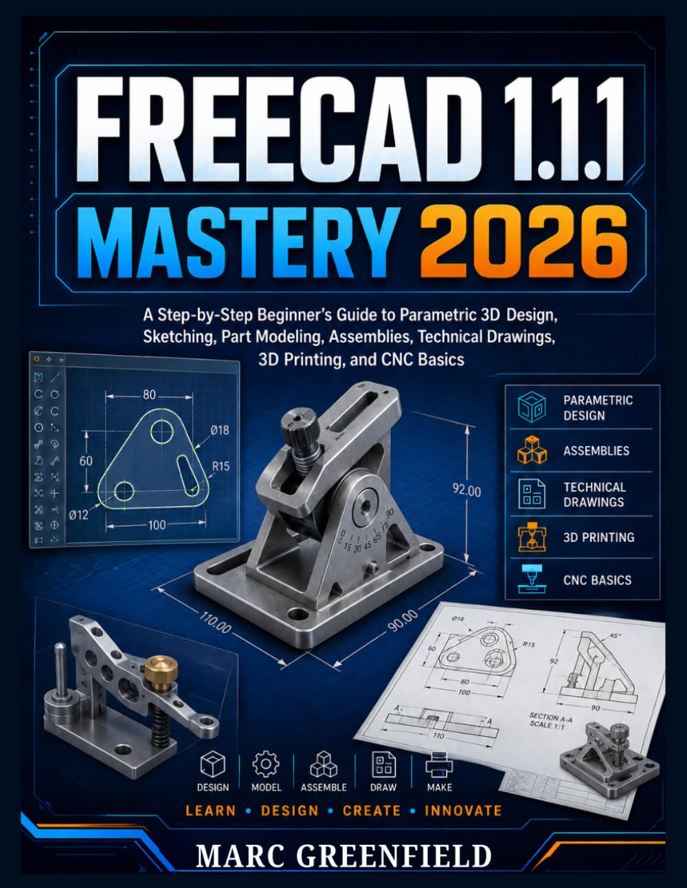FREECAD 1.1.1 MASTERY 2026: A Step-by-Step Beginner's Guide to Parametric 3D Design, Sketching, Part Modeling, Assemblies, Technical Drawings, 3D Printing, and CNC Basics.