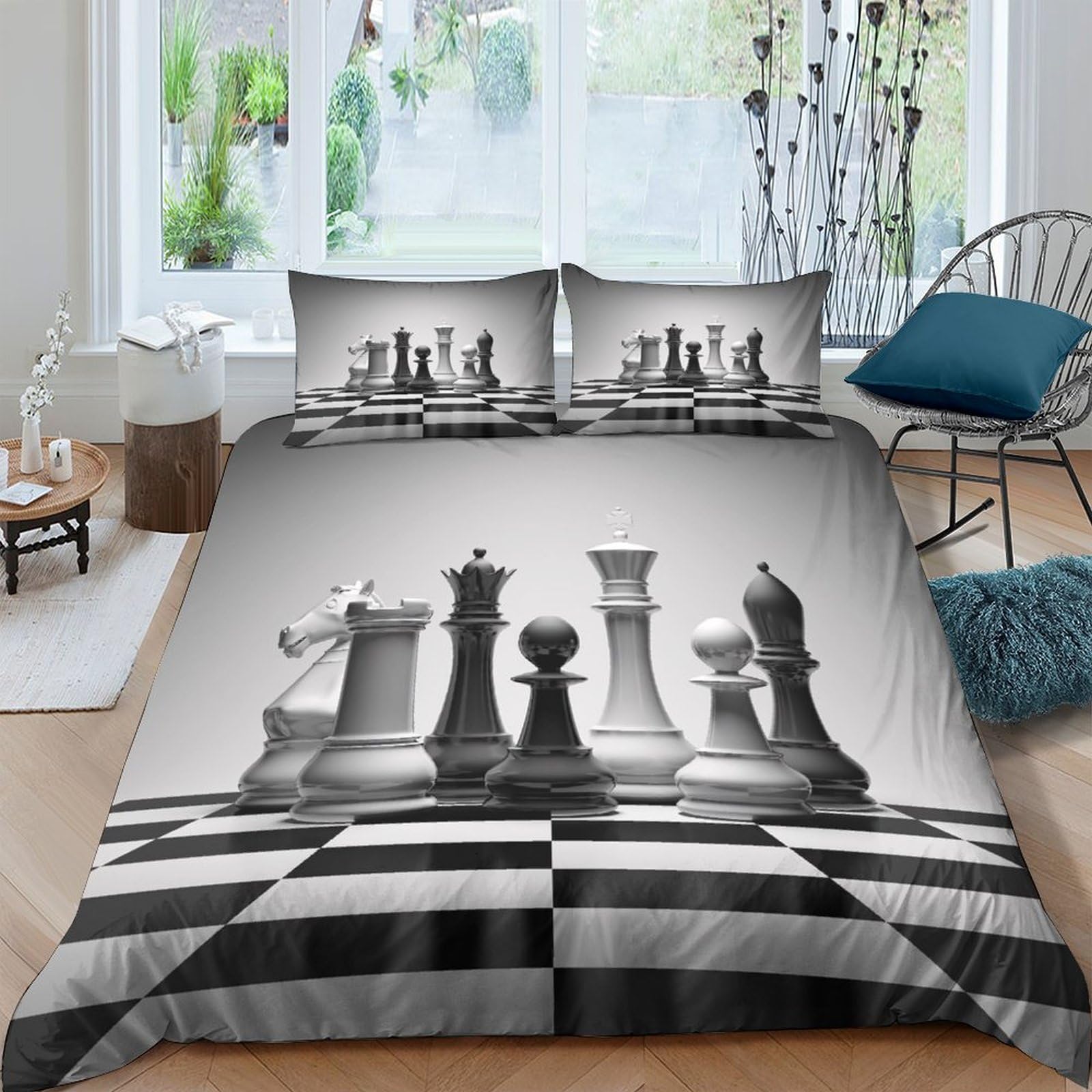Ctjqhvkz Style-8 3D Printed Chess Board Fitted Sheet Microfiber Soft Black White Chess Pieces Bed Cover For Bedroom Guest Room Single（135X200cm）