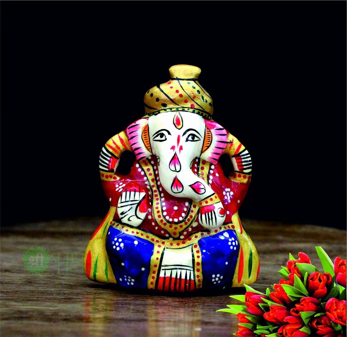 Shri Handicrafts Metal Meenakari Painting Lord Ganesha Car Dashboard Idol Small Ganpati Statue for Puja Temple Office Gifts(3x6x7cm)