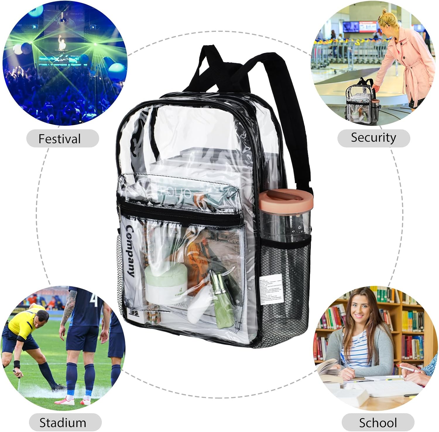 Silkfly 12 Pack Clear Backpacks Bulk PVC Transparent Bookbags Heavy Duty See Through Bags with Pockets for Stadium Work Travel (15 x 11 x 5.2 Inches,Black,Gray,Blue,Pink)