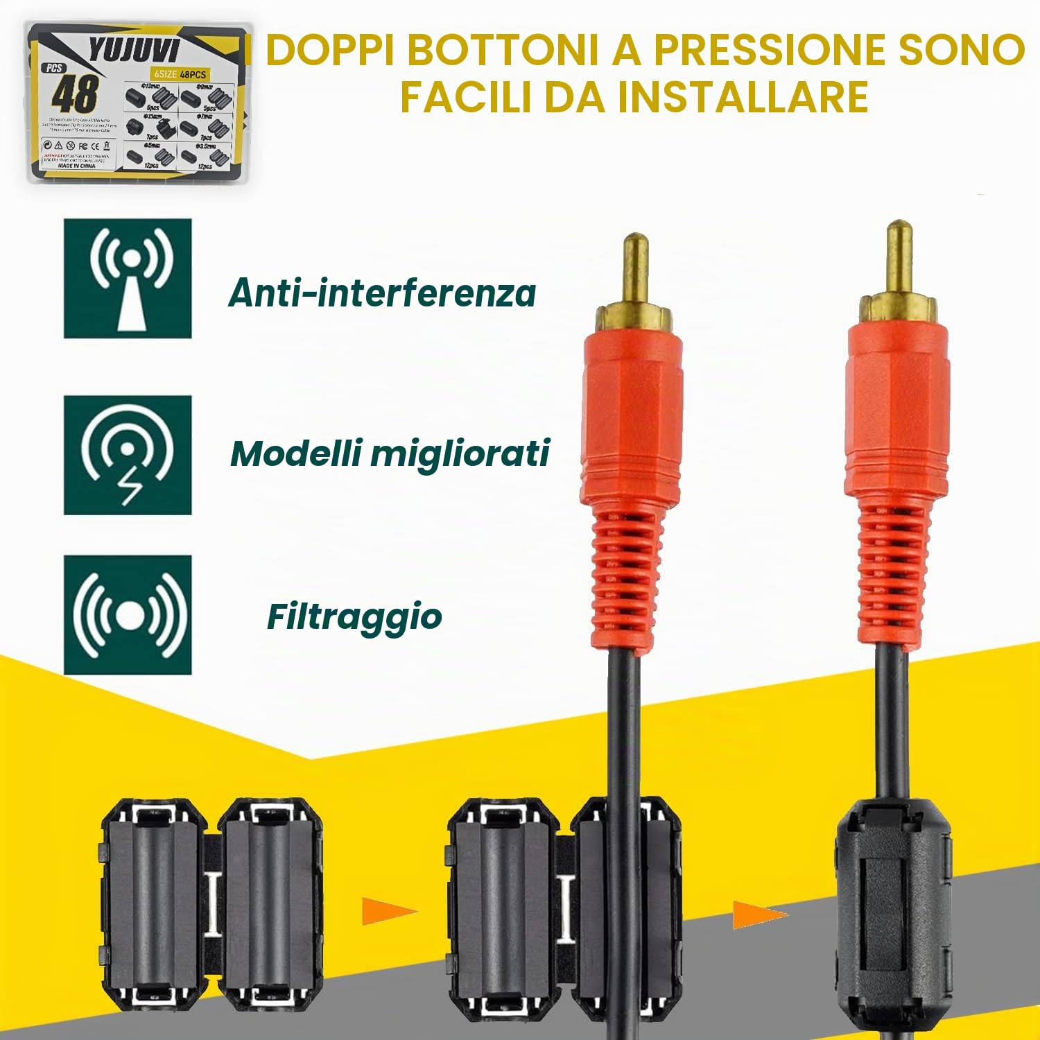 Ferrite Anello Nucleo 48 Pezzi Anello di ferrite Core nero Clip-on Ferrite Core RFI EMI Rumore Soppressore Cavo Clip 3.5mm - 13mm Diametro Interno per cavi USB RFI EMI (6 diverse 48 Pezzi)