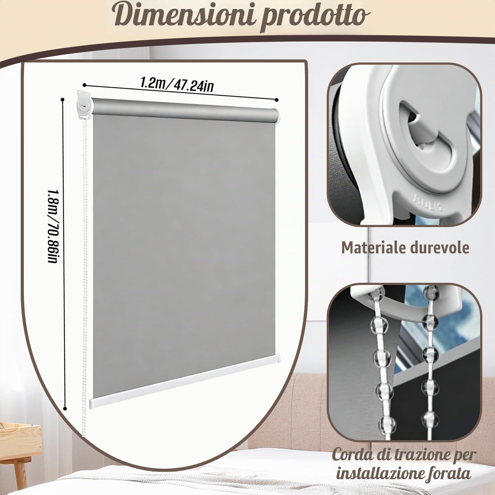 Tende a Rullo, 120 x 180 cm Tenda da Sole per Esterno in Poliestere Grigio Chiaro, Tenda da Sole Verticale a Rullo per Esterno Avvolgibile Anti UV con Cordino per Balcone Ufficio Bagno