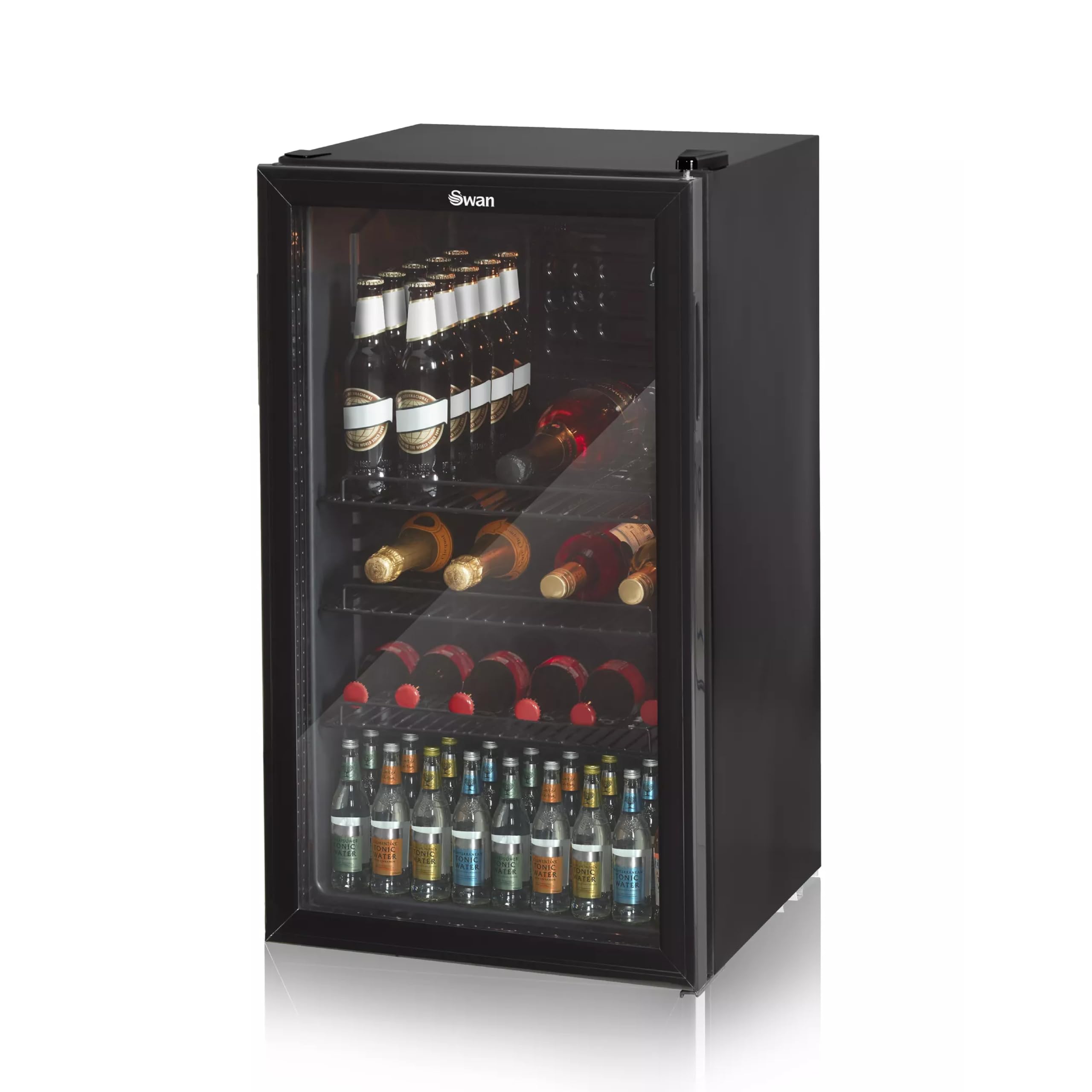 Swan 80L Glass Fronted Under Counter Beer and Drinks Fridge, 3 Shelves, Interior Light, Adjustable Thermostat, Reversible Door and Adjustable Feet, E Energy Rated, Black, SR12030BN