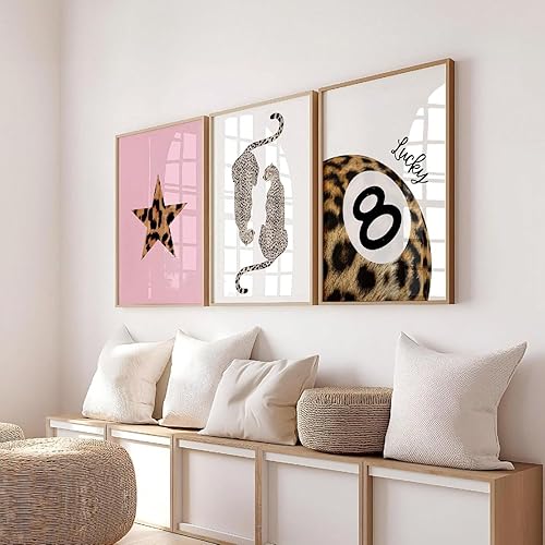 Xiyocadt Set of 3 Poster Set, Leopard Tattoo Painting, Lucky 8 Ball Leopard Poster, Luxury Wall Painting, Retro Girls Dormitory Home Decoration Gifts, Without Frame (40 x 50 cm)