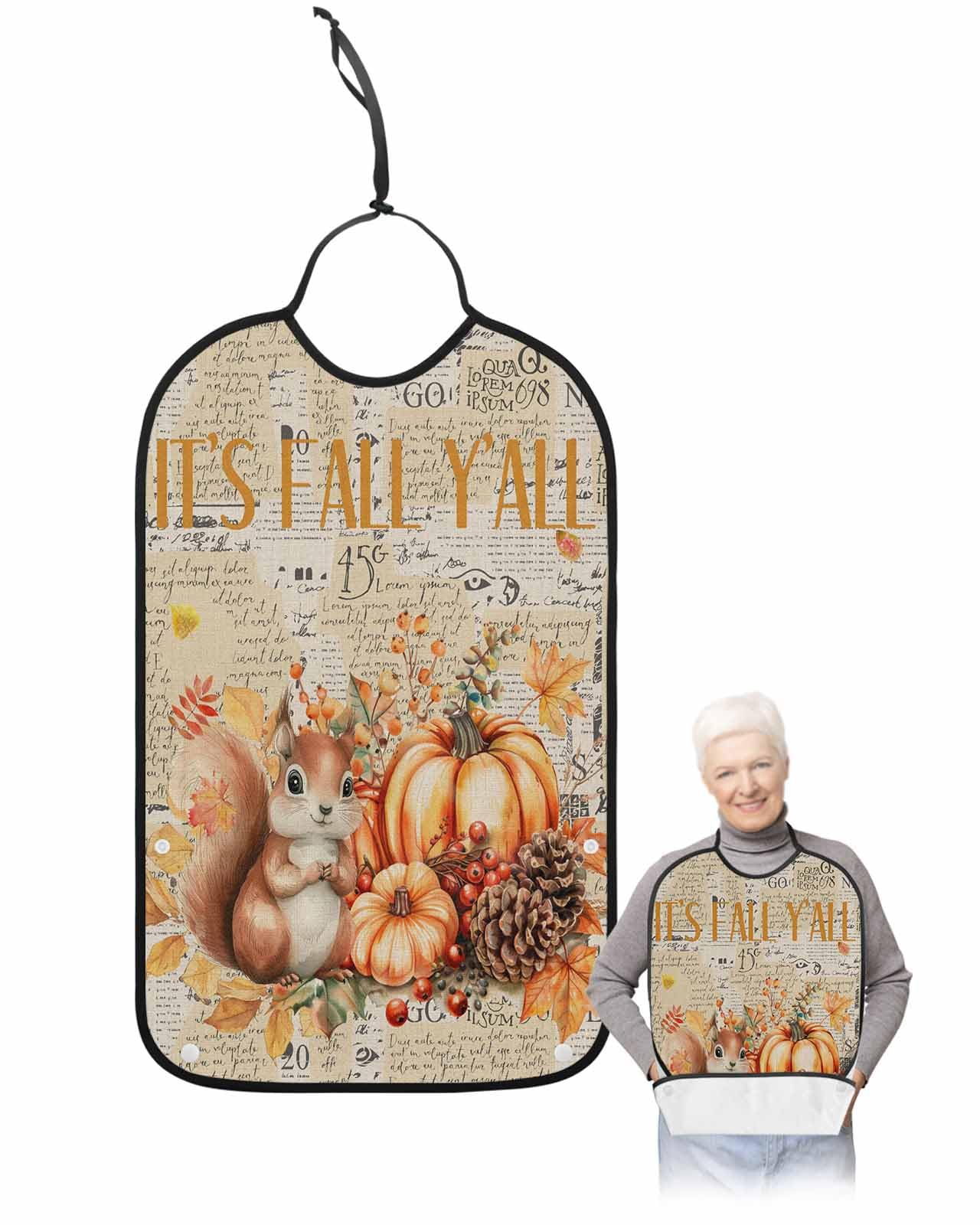 LEOKOTI Fall Squirrel Pumpkins Adult Bibs for Eating, Waterproof Bibs with Food Catcher & Adjustable Snap Closure, Retro Maple Leaf Thanksgiving Washable Clothing Protectors Adult Bibs for Elderly