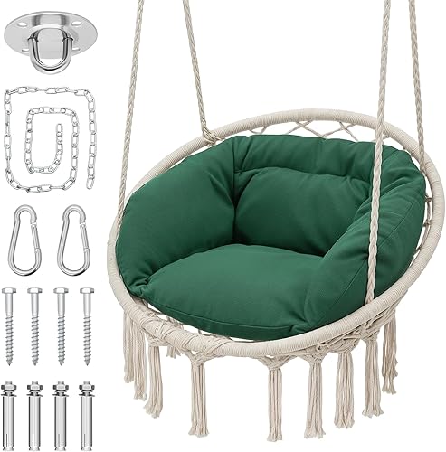 MoNiBloom Silla Colgante de Hamaca con Cojín Verde Oscuro, Silla de Macramé para Porche, Sillas Colgantes, Capacidad Máxima de 350 Lbs para Adultos