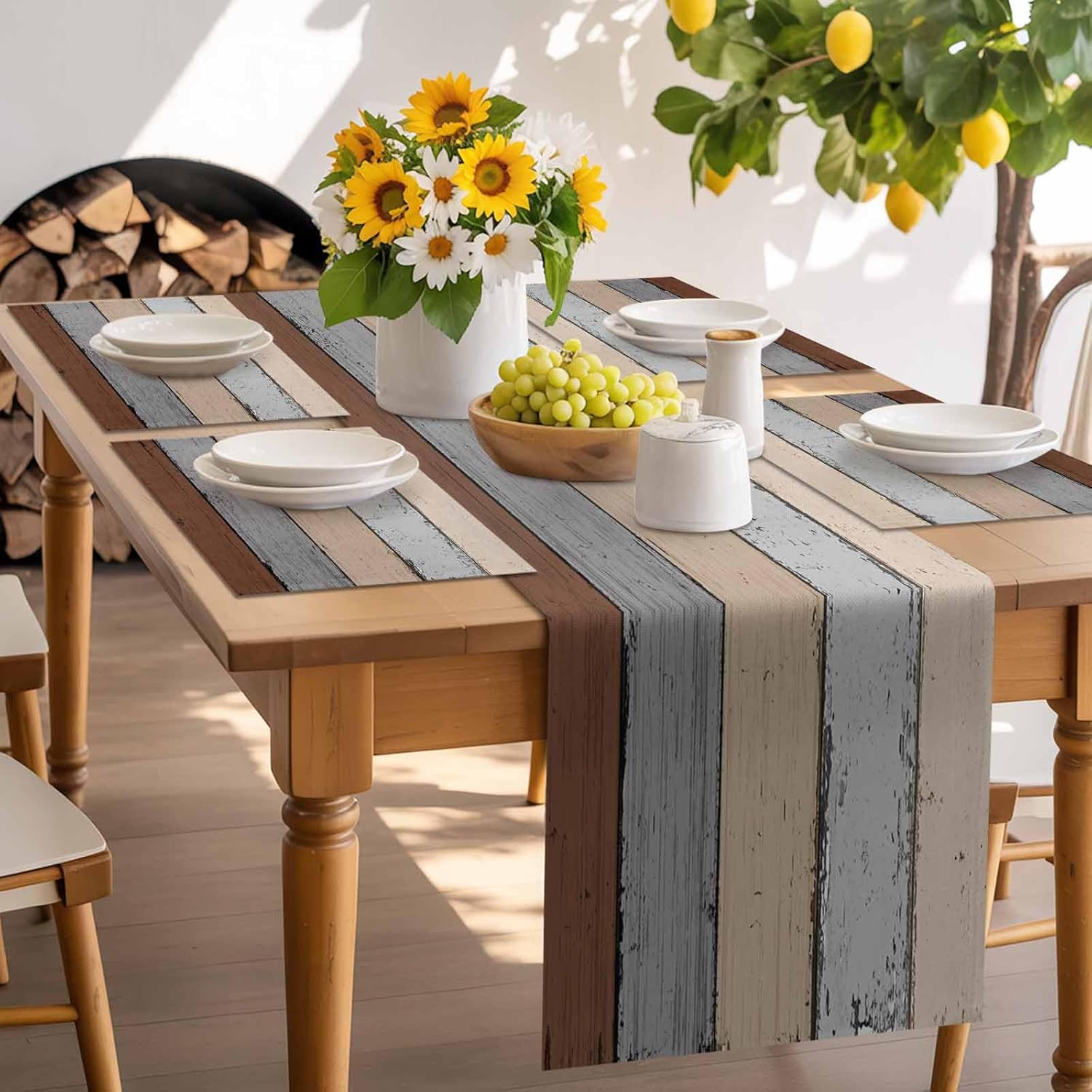 Placemats Set of 6 Cotton Linen Table Place Mat Retro Farm Gradient Brown Grey Beige Wooden Board Burlap Food Mat Waterproof Dinner Table Setting Table Mat Washable Cat Dog Pet Placemat