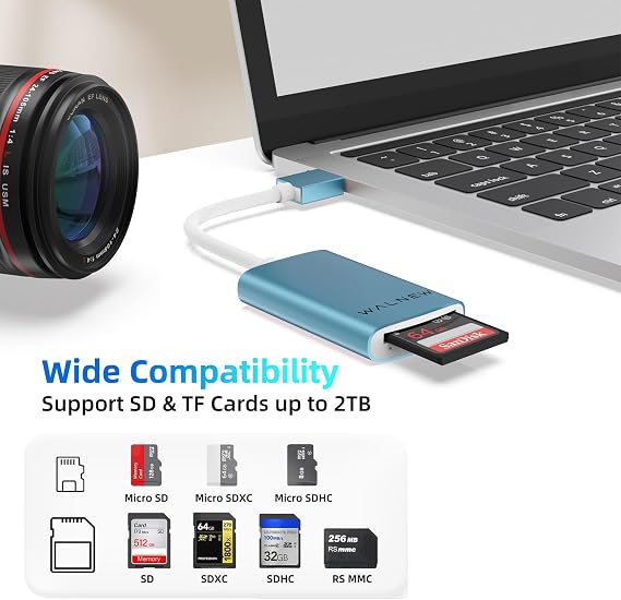 WALNEW USB 3.0 Micro SD Card Reader with Dual Slots, Memory Card Reader | Supports SD/SDXC/SDHC/Micro SDXC/TF/UHS-I, For Mac, Windows, Android, Laptop, Camera