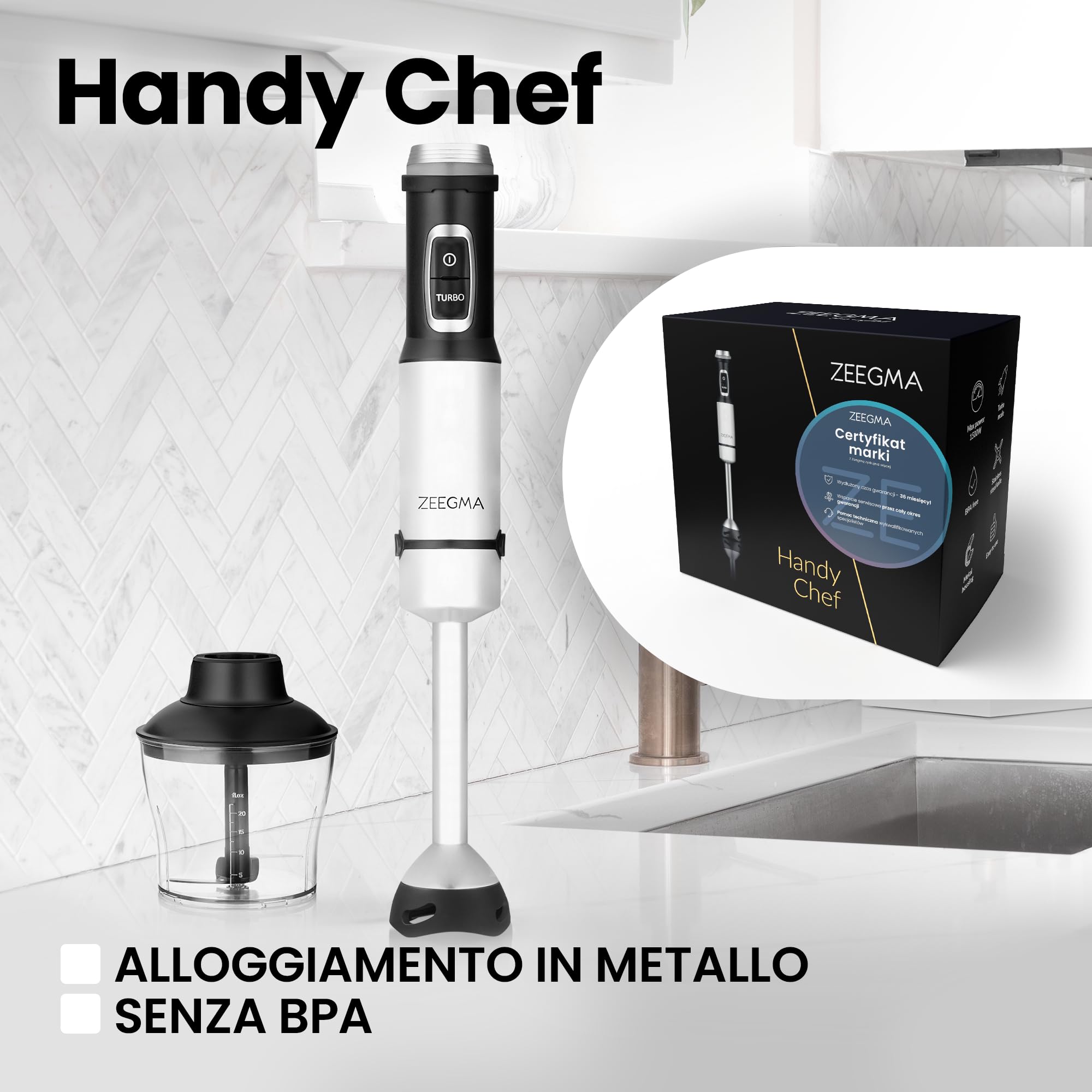 ZEEGMA Frullatore a Immersione 5 in 1 Multifunzionale Potenza di Picco | W, Set di Accessori per Frullare, Mescolare e Sbattere Gancio per Miscelare Mixer 0.6 L, Contenitore 0.8 L