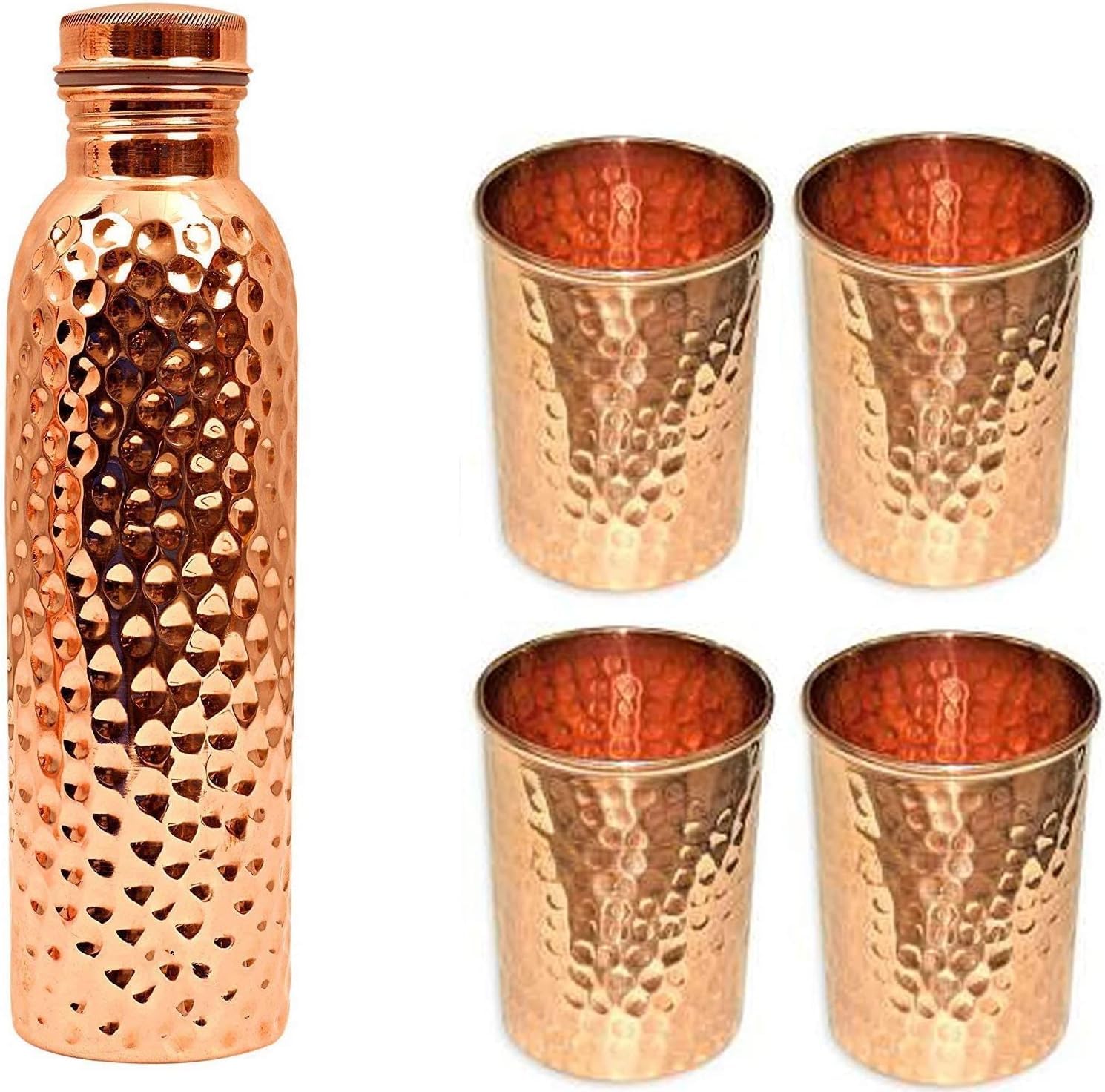 Kupfer 1000ML Wasserflasche mit 4 Kupferglas je 250ml, Kupfer Utesnsils für Wate Aufbewahrung, Küchenartikel, Trinkgeschirr Geschenkset
