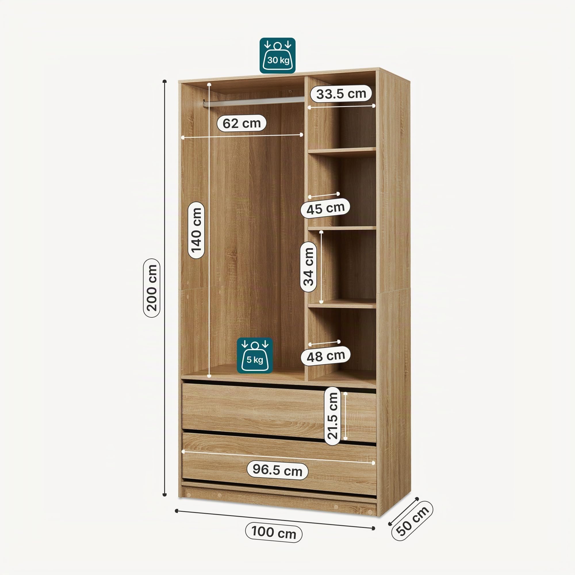 [en.casa] Armoire Ouverte Vippsaki avec 4 Compartiments de Rangement 2 Grands Tiroirs Barre de Penderie Stockage pour Chambre Dressing Portant à Vêtements 200 x 100 x 50 cm Effet Chêne