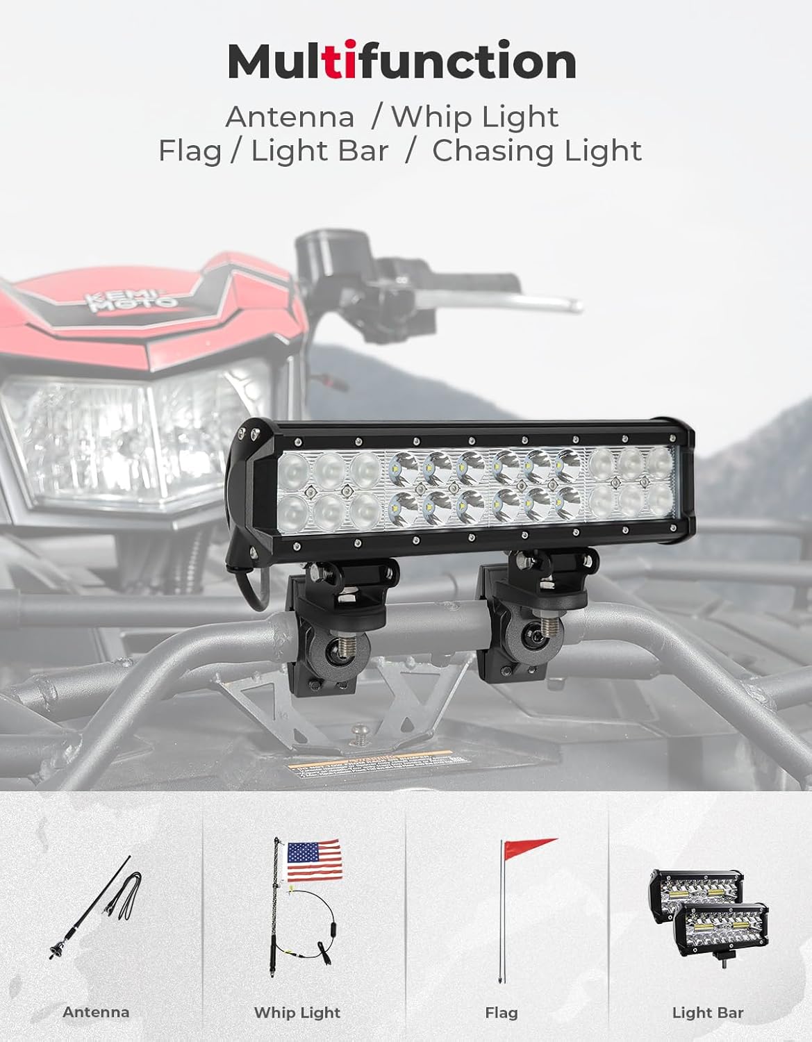 KEMIMOTO ATV Whip Mount, Heavy Duty Light Flag Mounts Fit for 0.875"/1"/1.125" Handlebar Rack Bar, Whip Light Mounting Bracket for ATV E-Bike Gocart- 360° Rotating Flag Hole, 2 Pack