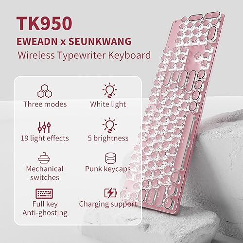 Miniatura 2 de TK950 Combo de teclado y mouse inalámbricos de máquina de escribir, teclado mecánico retro de 104 teclas con retroiluminación blanca, anti-fantasma,