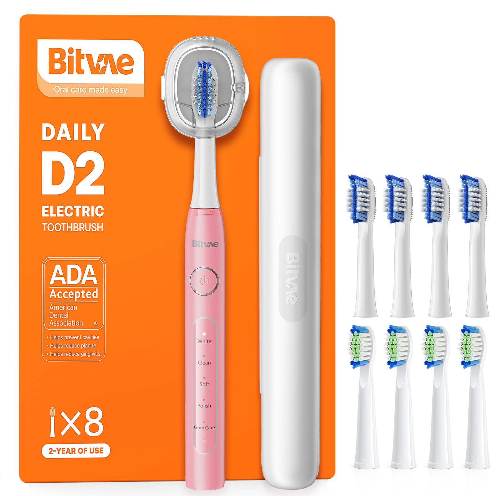 Bitvae - spazzolino elettrico ad ultrasuoni per adulti e bambini, spazzolino da denti elettrico da viaggio accettato ADA con batteria ricaricabile da 60 giorni, 8 testine, 5
