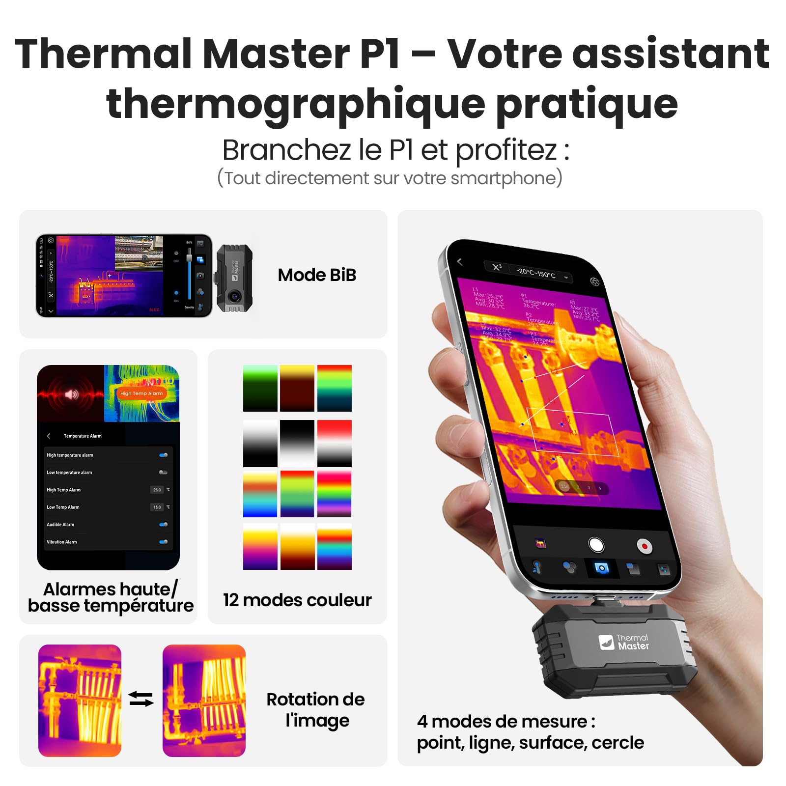 Thermal Master P1 Caméra Thermique pour iPhone & Android USB-C, X³ IR Résolution 320x240, -20°C à 600°C, 15x Zoom, 25 Hz Caméra Infrarouge pour Inspection Maison, CVC & Électricité