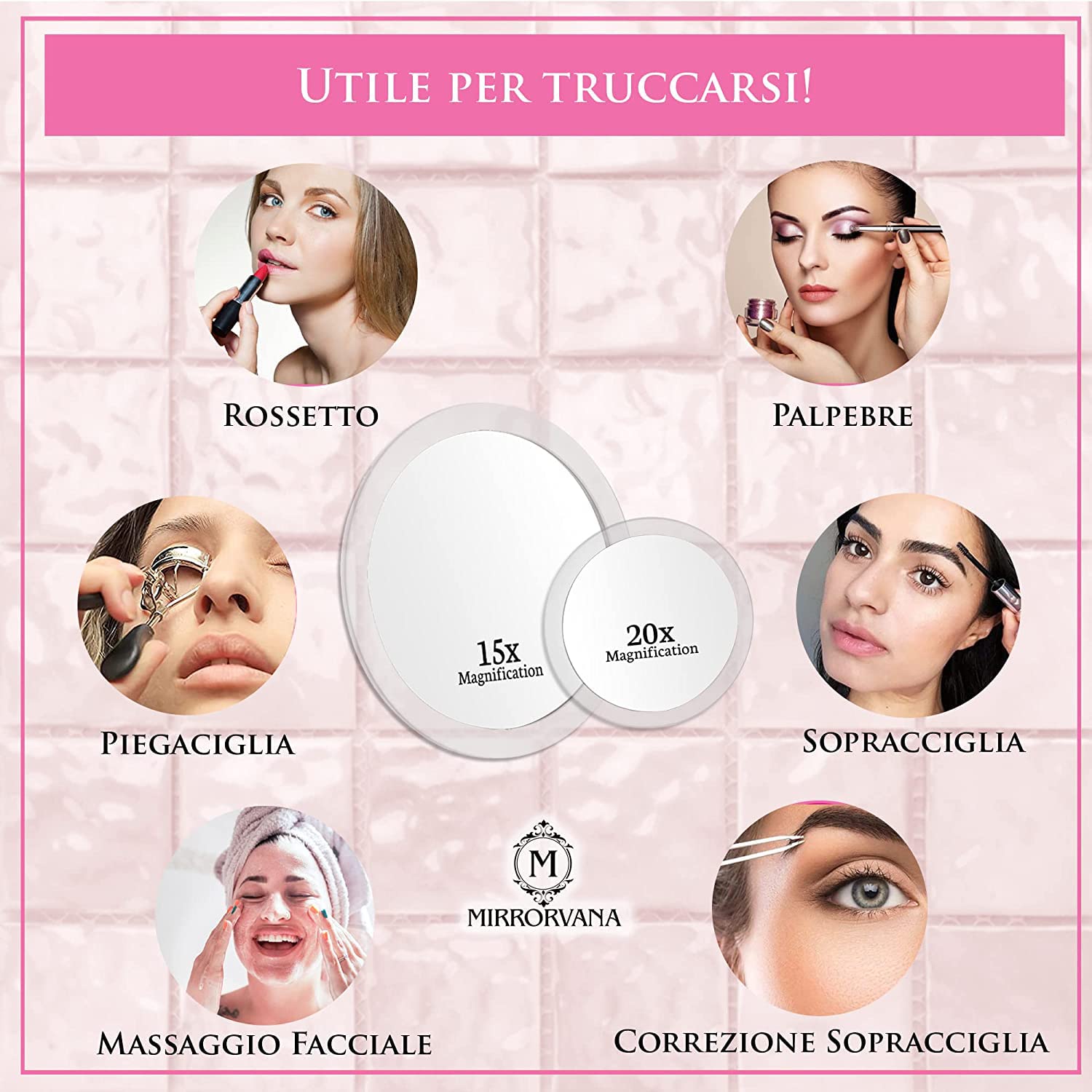 Mirrorvana Specchio Ingranditore 15X e 20X con Ventosa - Specchio Trucco Ingranditore Senza Luce - Specchio Ingrandente per Truccarsi - 15cm e 10cm (Grande) - 20x e 15x