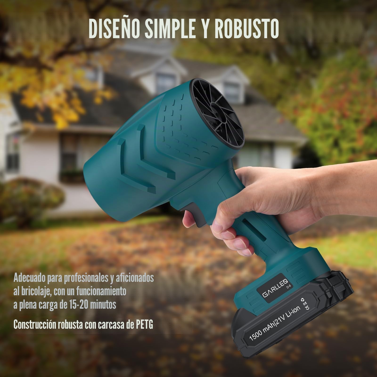 GARLLEN Soplador de Hojas Inalámbrico 21V, Motor de Cobre Puro 35000 RPM, Velocidad del Viento Ajustable Libre, 2 Baterías 1,5Ah con Cargador Rápido Ideal para Jardín, Terraza, Coche, Camping