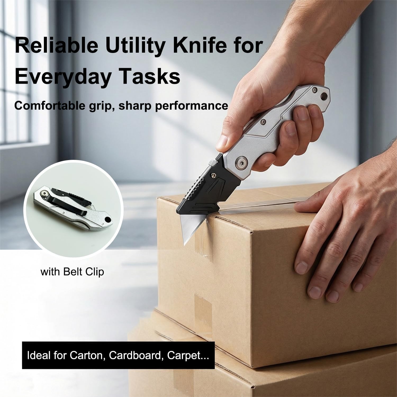 Heavy Duty Folding Utility Knife with 10 Extra Blades, Box Cutter with Belt Clip for Cardboard, Carton, Carpet Cutting, Aluminum Alloy Anti-slip Handle, Quick Replace Blade