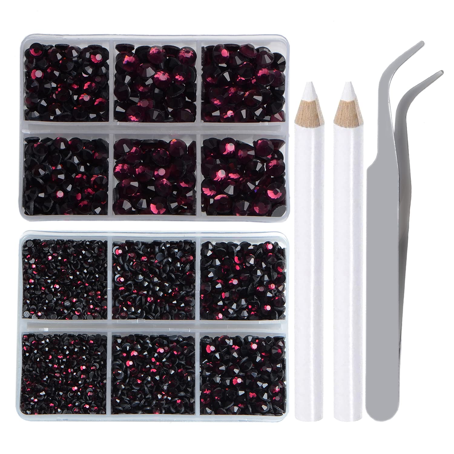 LPBeads 6400 szt. ametystowe cyrkonie z płaskim tyłem 5 rozmiarów mieszane okrągłe kryształowe kamienie szlachetne z pęsetą i kryształami górskimi
