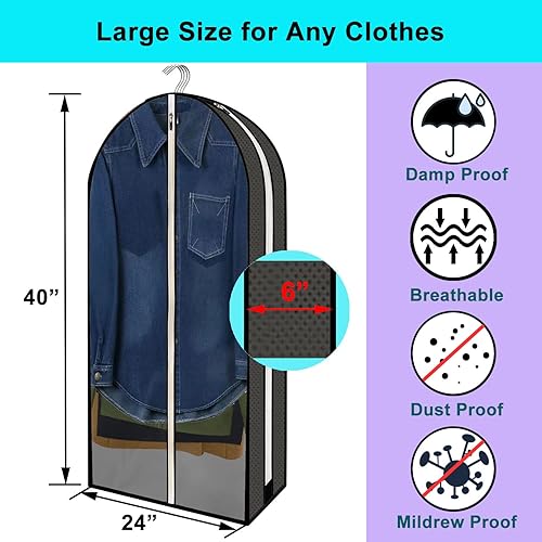 Miniatura 4 de Bolsas de ropa de 40 pulgadas para colgar ropa refuerzos de 6 pulgadas transparentes para almacenamiento de armario funda de chaqueta con dos