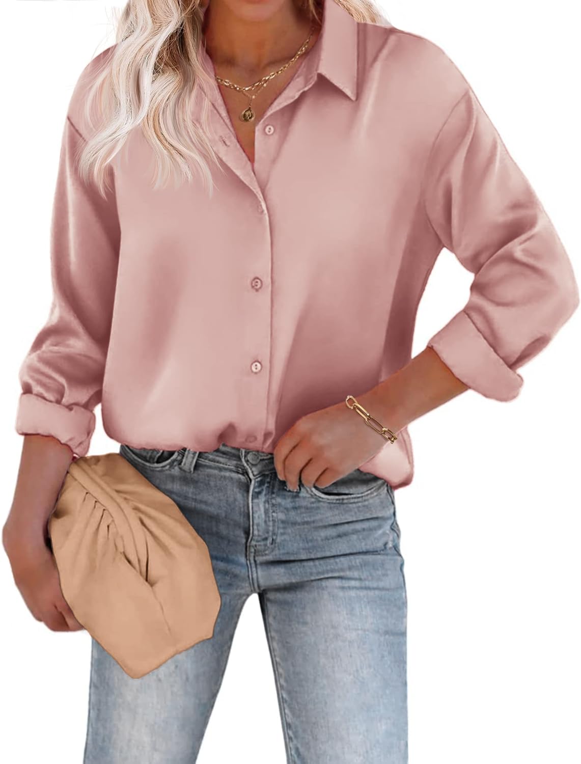 Chigant Women's Blouse Satin Silk Shirts Button Down Shirts Casual Loose Long Sleeve Office Work Tunic Tops