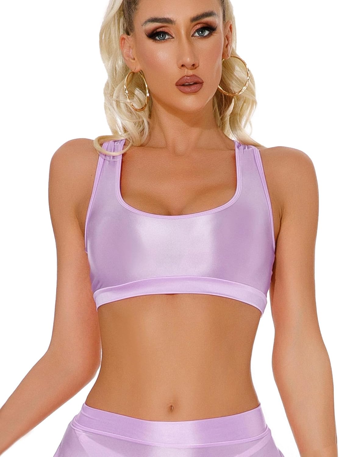 FEOYA Women Shiny Sports Bra Oil Glossy Crop Tank Top Seamless Racerback Bras for Workout Club Party - Image 4