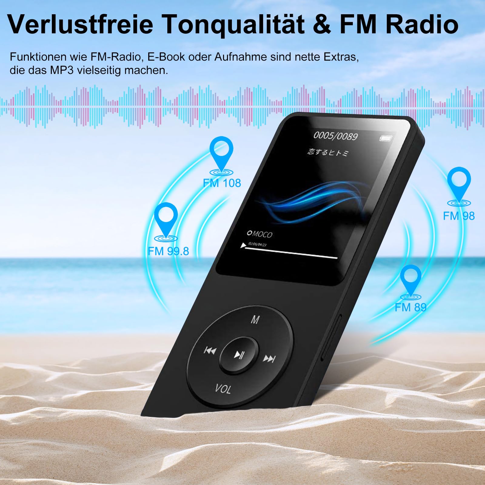 MP3 Player mit Bluetooth 5.0, 64 GB Speicher, FM-Radio, Sprachaufnahme, HiFi-Sound, E-Book, inkl. Kopfhörer, Mini-Größe, Gewicht 27g, erweiterbar auf bis zu 128 GB SD-Karte