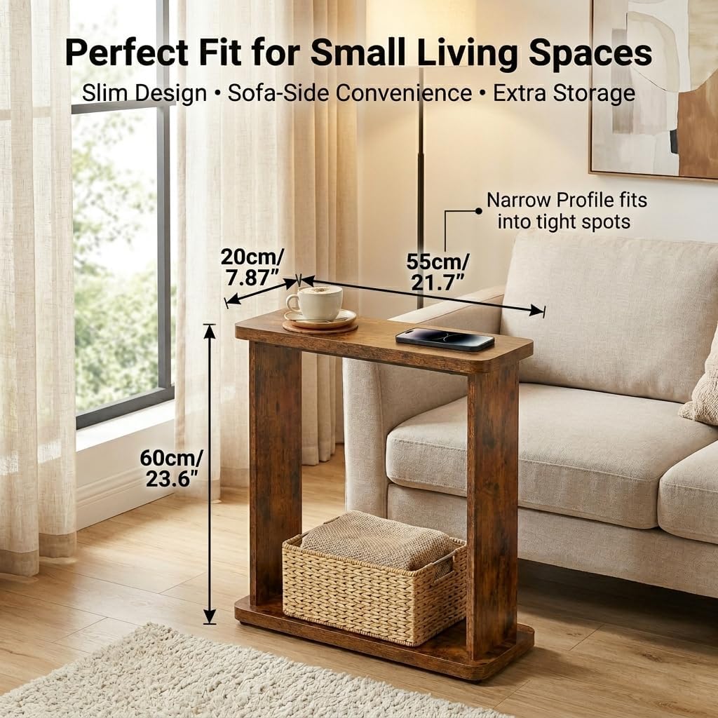 Narrow Side Table, 7.9" Slim End Table, Rustic Brown