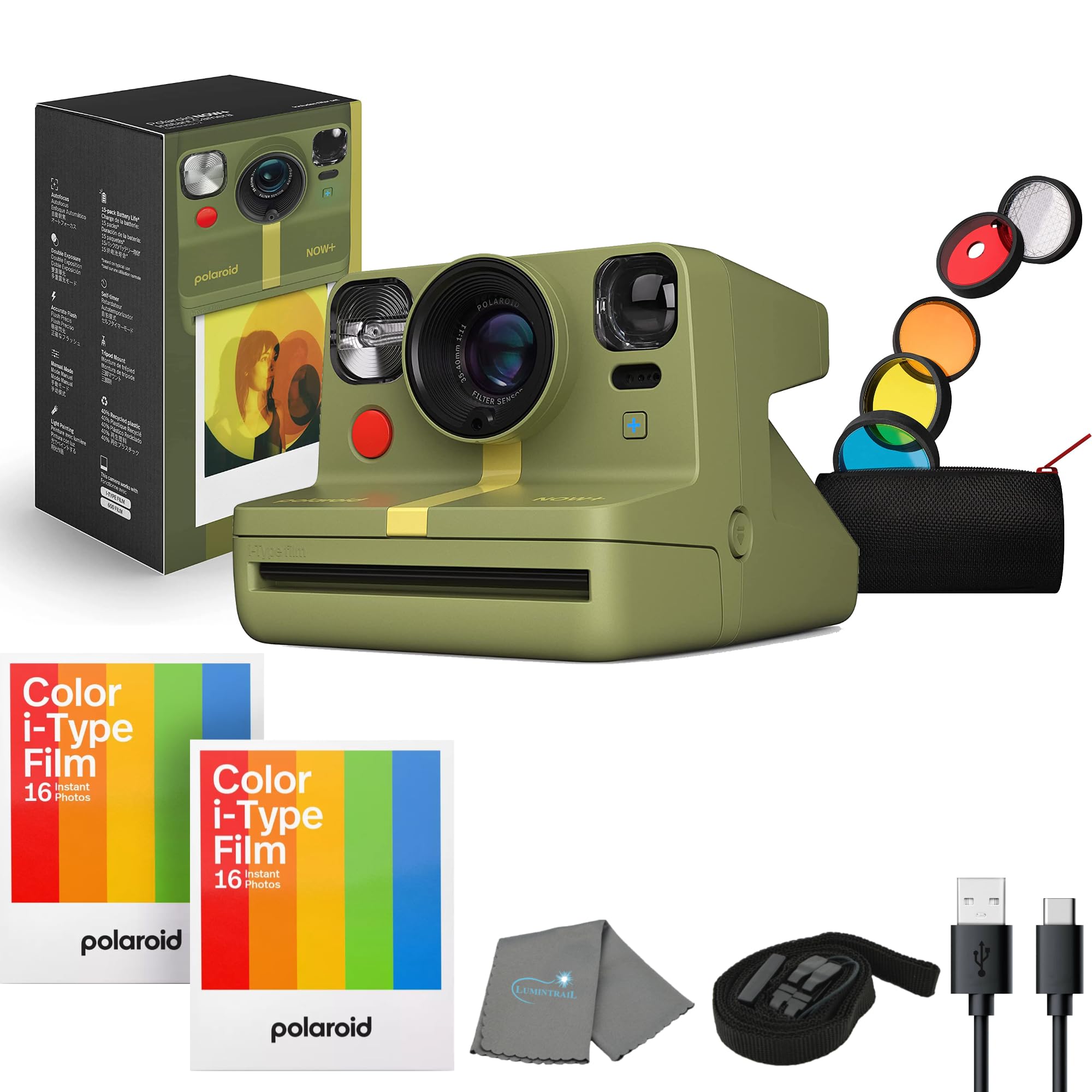 Polaroid Now+ Gen 2 Instant Camera, Forest Green, Bluetooth Now Plus Film Camera with 5 Piece Lens Filter Kit & Pouch, 16 Color Film, Works with Polaroid i-Type and 600 Film, and Lens Cleaning Cloth