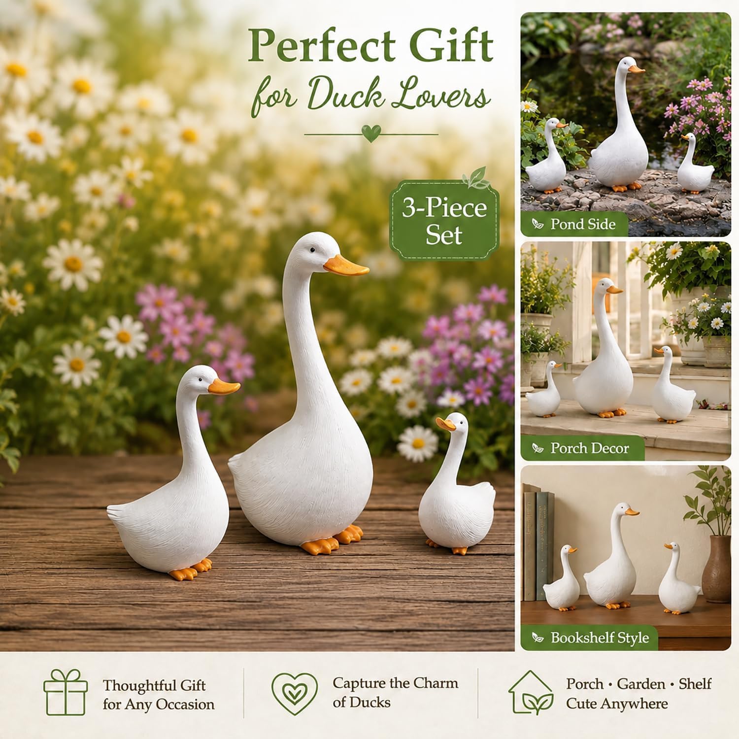 8.8" Duck Figurines Set of 3, Porch Goose Statue, Resin Animal Decor, Perfect for Shelf, Patio, Garden Decor, Figurines for Mom, Grandma, Family, Mother’s Day, Housewarming Gift