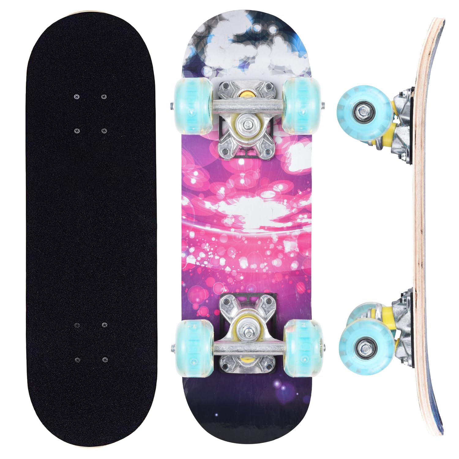 ERNAN Skateboard Completo per Principianti. Skateboard completo da 17 * 5 pollici. Double Kick Deck Concavo con 7 strati per ragazzi, ragazze (Pink Nebula)