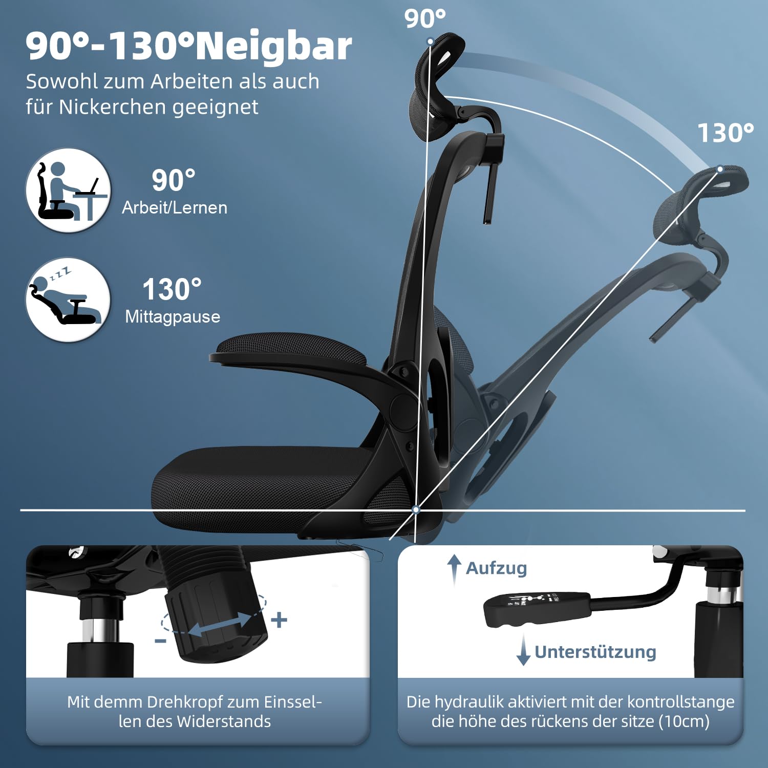 Bürostuhl, Schreibtischsessel mit Kopfstütze und Weiche Lordosenstütze, Bürostuhl ergonomisch mit Wippfunktion bis 130°,Schreibtischstuhl mit klappbaren Armlehnen, Drehstuhl 150 kg,Schwarz