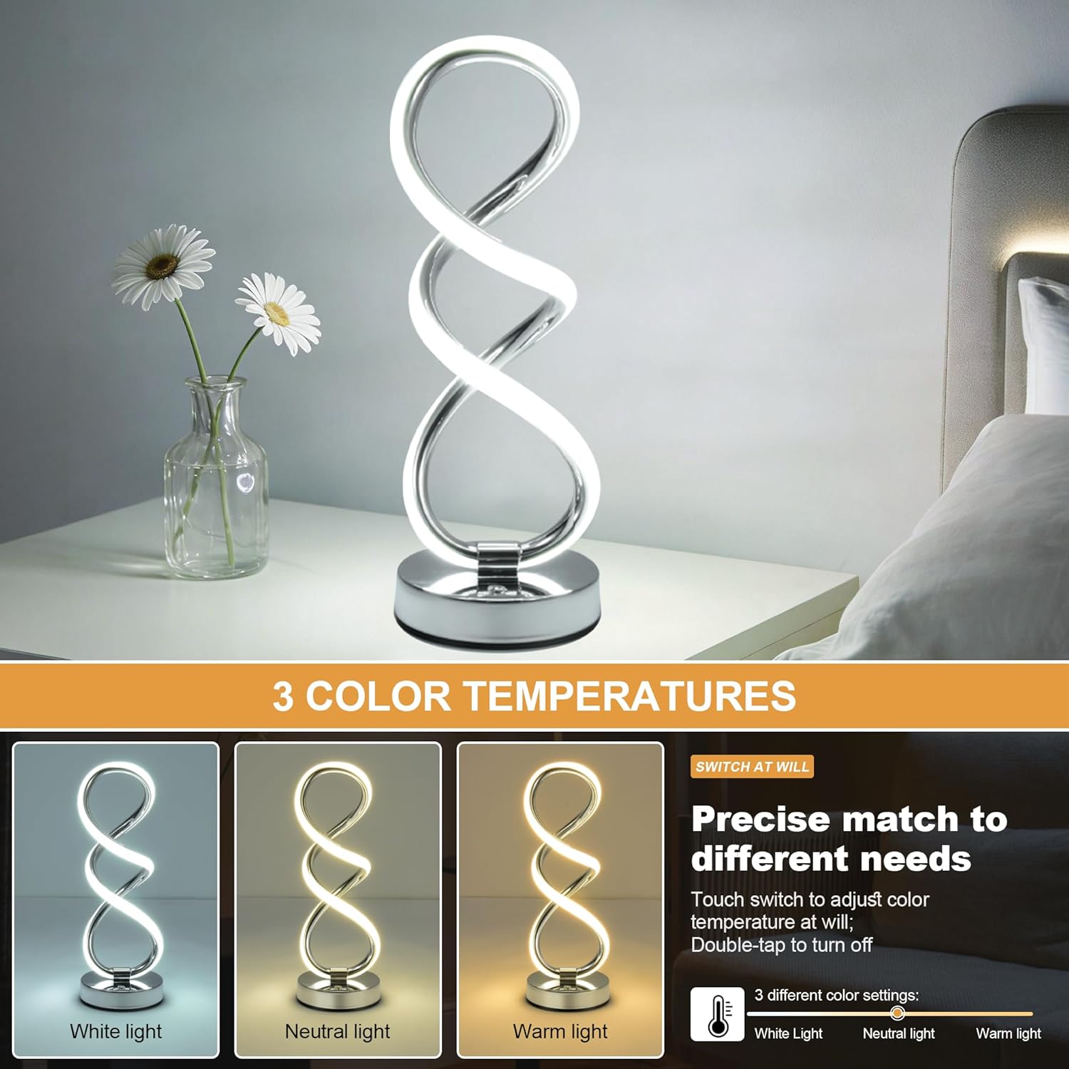 Modern Spiral Table Lamp, Double Helix Touch Dimmable Bedside Reading Lamp for Nightstand, Unique Spiral Design, Night Light for Living Room, Bedroom, Cool Lamp
