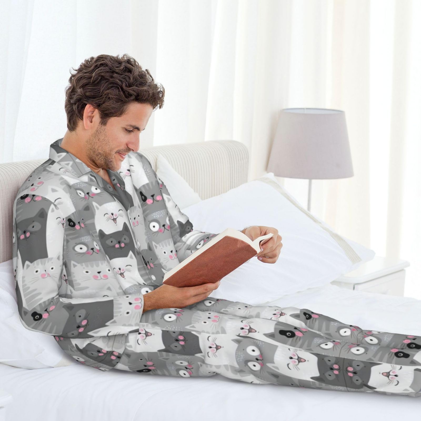 Simpatico motivo gatti grigi divertenti indumenti per dormire durevoli - Set pigiama da uomo in 2 pezzi - Set pigiama da uomo ideale per tutte le stagioni