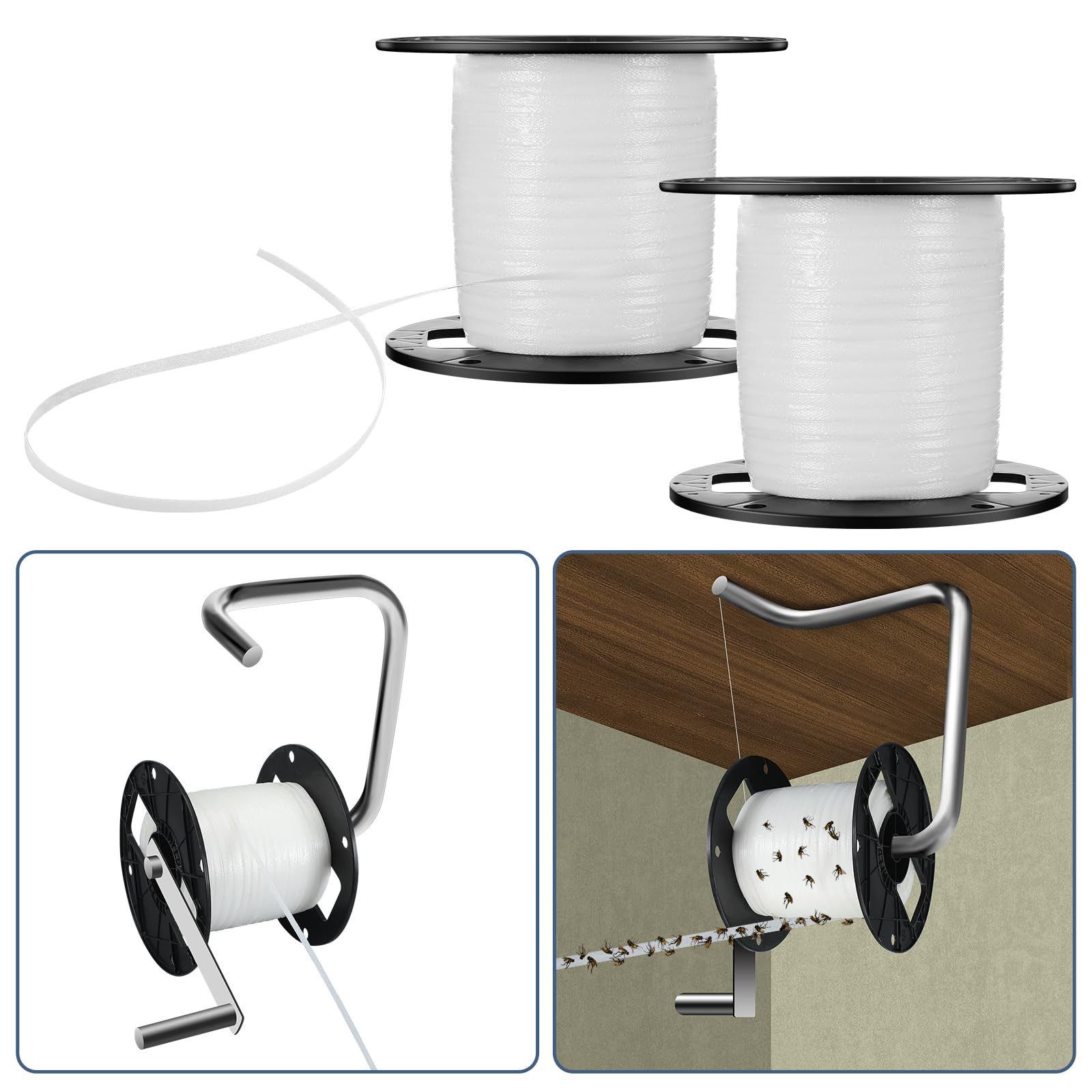 Qualirey 2 Pc Sticky Fly Tape Roll 1000 Ft, Fly Ribbon Line Trap Kit, Housefly Reel Sticky Tape Trap, Indoor Outdoor Disposable Bug Strip, Non-Toxic